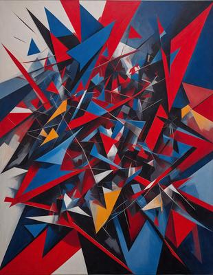 The primary subject of the image is a colorful, abstract artwork featuring a mix of red, blue, yellow, and white colors. The setting is a canvas, and the visual style appears to be a combination of digital art and illustration. The artwork has a vibrant and lively atmosphere, with the colors creating a sense of energy and movement.